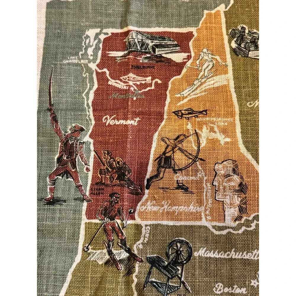 Vintage Linen Tea Towel Kay Dee 100% Linen New England Map States Rhode Island